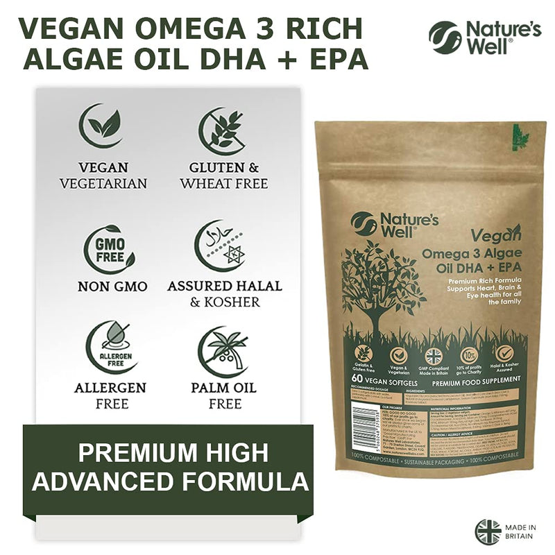 Vegan Omega 3 Algae Oil DHA + EPA, High Concentrate, 60 Vegetarian Capsules, from Sustainable Plant Based Alternative to Fish Oils, Halal & Kosher � Made in The UK by Nature�s Well (Pouch) - BeesActive Australia