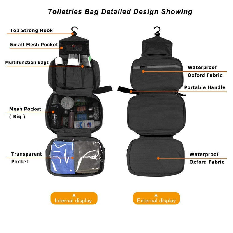 Hanging Toiletry Bag Waterproof, Jiemei Travel Wash Bag for Men & Women with 4 Compartments, Foldable Compact Size, Super Durable Fabric (M, Black) M - BeesActive Australia