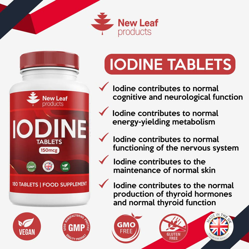 Iodine Tablets 150mcg 180 Vegan High Strength Tablets Iodine Supplements, Natural Source of Iodine from Potassium Iodide, 6 Month Supply, GMO Free, Made in UK by New Leaf 180 Count (Pack of 1) - BeesActive Australia