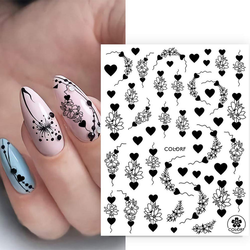 3D Black Nail Art Stickers Decals Nail Art Supplies 3D Adhesive Black Abstract Human Face Line Letter Love Heart Face Cartoon Three-Dimensional Cube Design DIY Nail Decorations 9 Sheets - BeesActive Australia