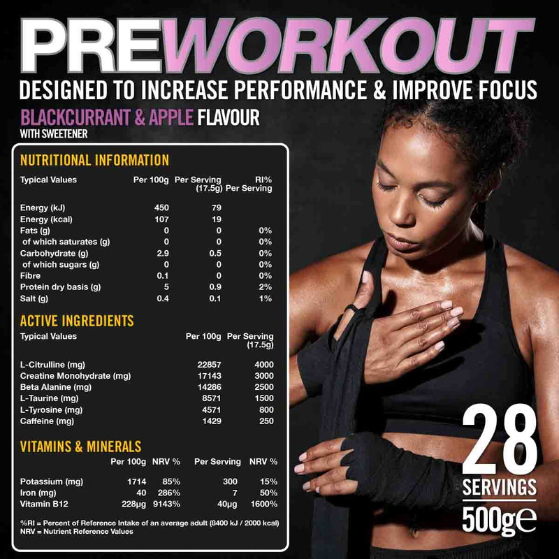 VOW Pre Workout Advanced Complex with Creatine, Beta Alanine, Caffeine, Improve Energy & Focus (Blackcurrant & Apple) Blackcurrant & Apple - BeesActive Australia