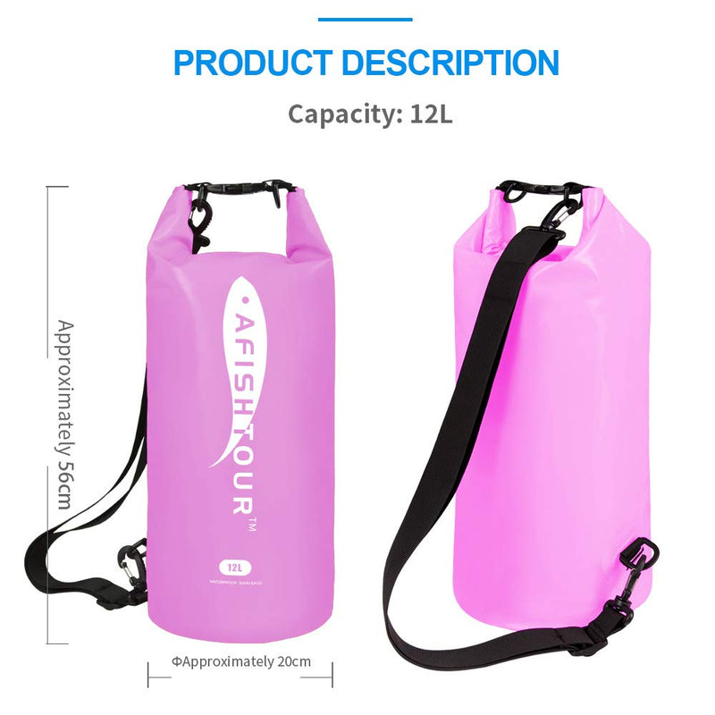 AFISHTOUR Waterproof Dry Bag, Waterproof Pouch with Waterproof Phone Bag Floating, Boat Dry Sack, 100% Waterproof Bags for Kayaking, Paddleboarding, Fishing, Rafting, Canoeing, Hiking, Camping 12L Pink 12L Dry Bag - BeesActive Australia