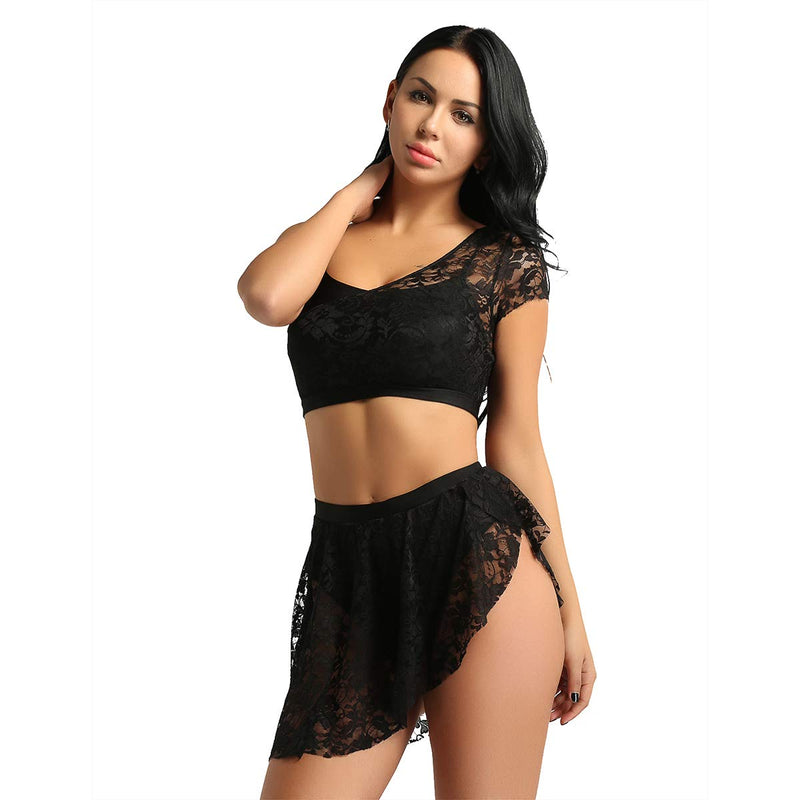 [AUSTRALIA] - Alvivi Women's 2 Pieces Floral Lace Lyrical Latin Ballet Dance Dress Sets Irregular Crop Top with Slit Skirt Black Medium 