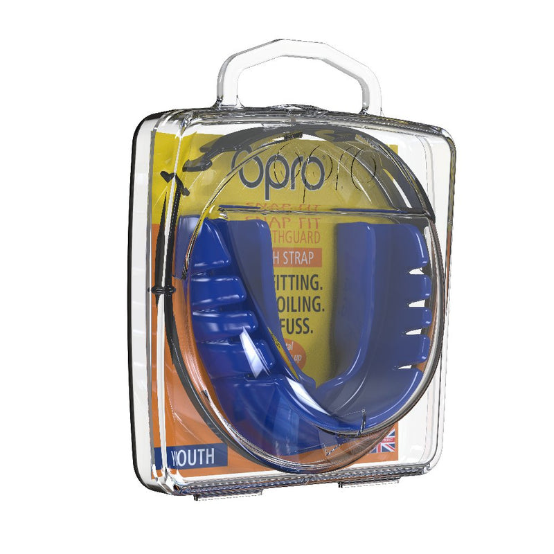 [AUSTRALIA] - OPRO Snap-Fit Mouthguard | Gum Shield + Strap for Ball, Combat and Stick Sports -18 Month Dental Warranty (Adult and Kids Sizes) Electric Blue 