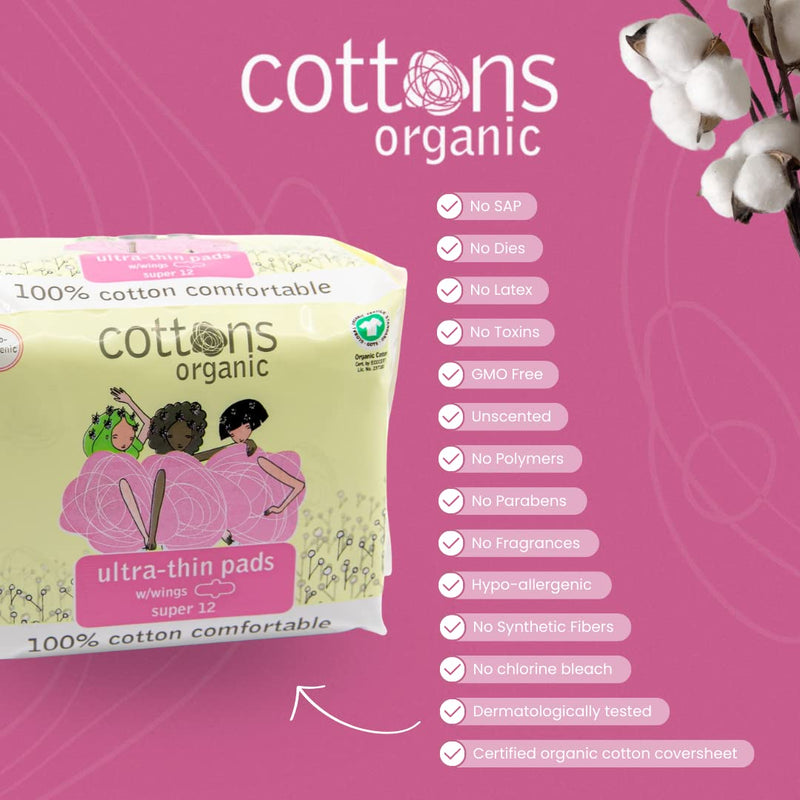 Cottons Ultra Thin Pads, Super, Pack of 12, 100% Organic Cotton, Hypoallergenic, Biodegradable Pack of 1 - BeesActive Australia