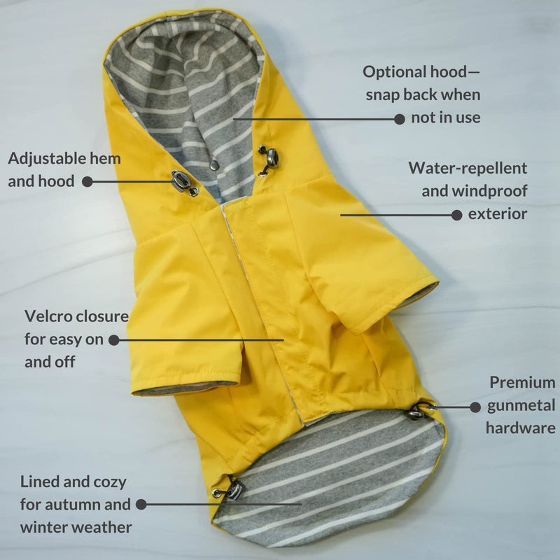 DJANGO Highland Dog Jacket and Raincoat - Water-Repellent, Windproof, and Harness-Friendly Winter Dog Coat and Stylish Dog Raincoat with Adjustable Drawstrings, Optional Hood, Premium Gunmetal Hardware, and Back Pocket Medium Dandelion Yellow - BeesActive Australia