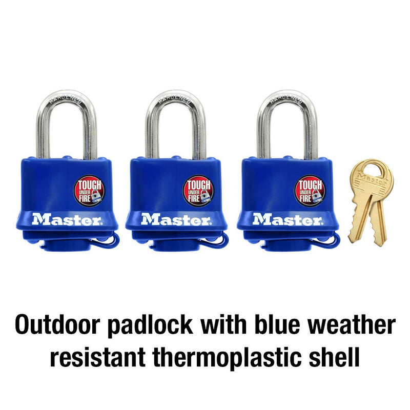 Master Lock 312TRI Laminated Padlock with Key & Thermoplastic Shell, Blue, Pack of 3 Keyed-Alike - BeesActive Australia