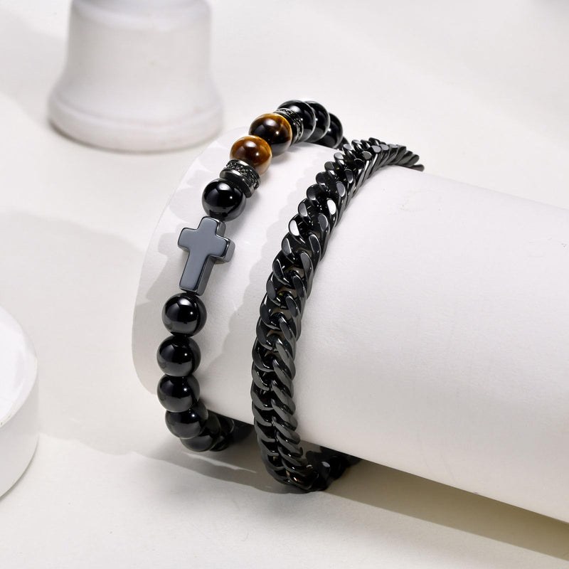 MEALGUET 2 pcs Men's Stainless Steel Bracelets : Black Gemstone Tiger Eye and Agate Cross Beaded Bracelet and Stainless Steel Chain Matching Bracelets Set for Men or Women,Men's Jewelry Gift 8.4"black chain+cross bead bracelet - BeesActive Australia