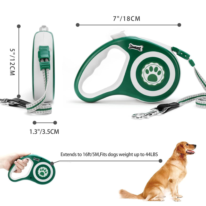 EC.TEAK Retractable Dog Leash, 26FT /16FT Dog Walking Leash for Medium Large Dogs up to 44 lbs/ 77 lbs/110 lbs, One Button Break & Lock, Heavy Duty No Tangle, Large 16 FT(44 lbs) Green - BeesActive Australia