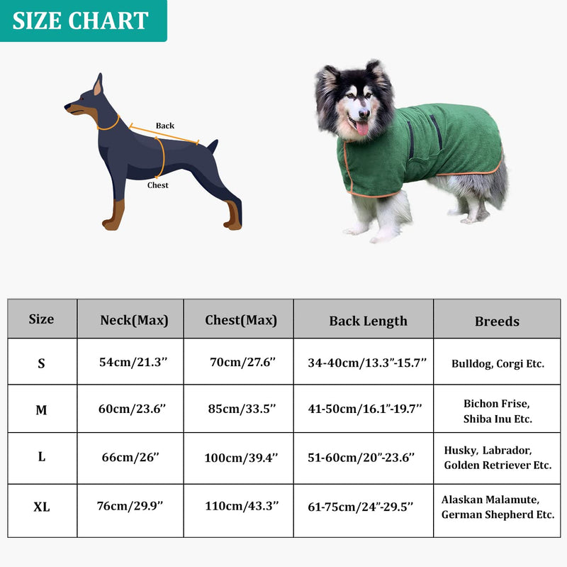 Dog Drying Coat Bathrobe Towel, Microfibre Material Fast Drying Super Absorbent Dog Bath Robe, Pet Quick Drying Moisture Absorbing with Adjustable Collar and Waist Xlarge: back length 29.5" Green - BeesActive Australia