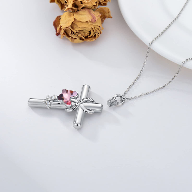 Flpruy 925 Sterling Silver Cross Urn Necklace for Ashes [Butterfly,Dragonfly,Bee,Hummingbird,Ladybug,Sunflower,Paw,Life of Tree] Cremation Necklace for Women Pets A_Pink Butterfly Urn Necklace - BeesActive Australia