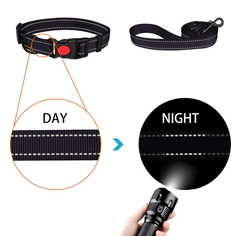 Reflective Dog Collar and Leash Set with Safety Locking Buckle Nylon Pet Collars Adjustable for Small Medium Large Dogs 4 Sizes Black - BeesActive Australia