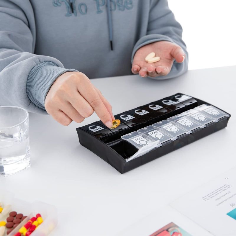 XL Large Weekly Pill Organizer 2 Times A Day, Hinged Lids Daily Vitamin Pill Box Holder Am Pm,Big Pill Container 7 Day, Medication Aid Organizer Twice A Day Small Medicine Organizer for Supplyment Black - BeesActive Australia