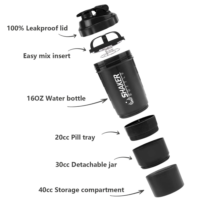 VECH Protein Powder Shaker Bottle - Sports Water Bottle - Non Slip 3 Layer Twist Off GYM Cups with Pill Tray - Leak Proof Mixer 16 oz Shake Cup with Storage (Black) Black - BeesActive Australia