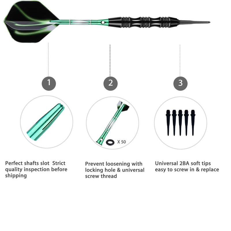 sanfeng Professional Soft Tip Darts Set 20 Grams W/ 50 O-Rings- 30 Darts Plastic Tip + Green Aluminum Shafts + 6 Standard Flights + Portable Case for Electronic Dart Board - BeesActive Australia