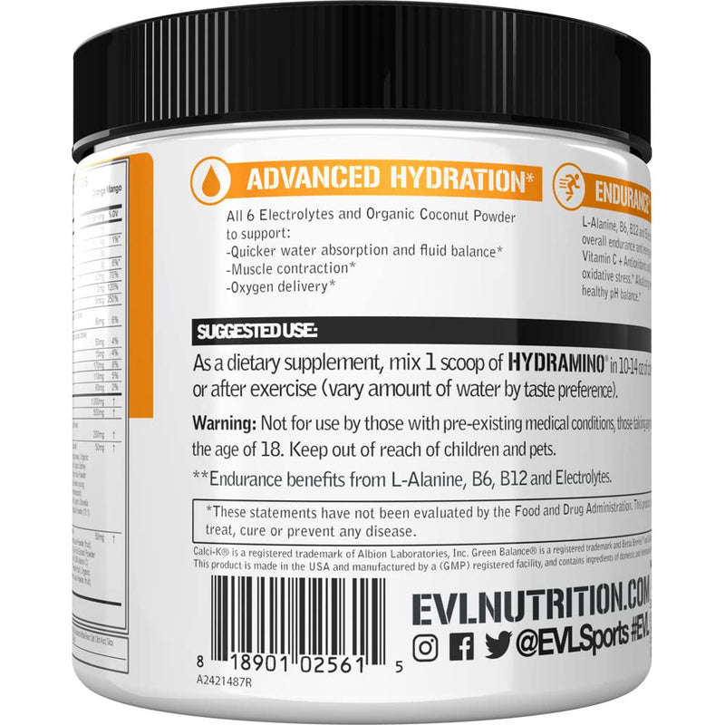 Evlution Nutrition HYDRAMINO Complete Hydration Multiplier, All 6 Electrolytes, Vitamin C & B, Fluid Boosting Aminos, Coconut Water, Endurance, Recovery, Antioxidants, 30 Serve, Orange Mango - BeesActive Australia