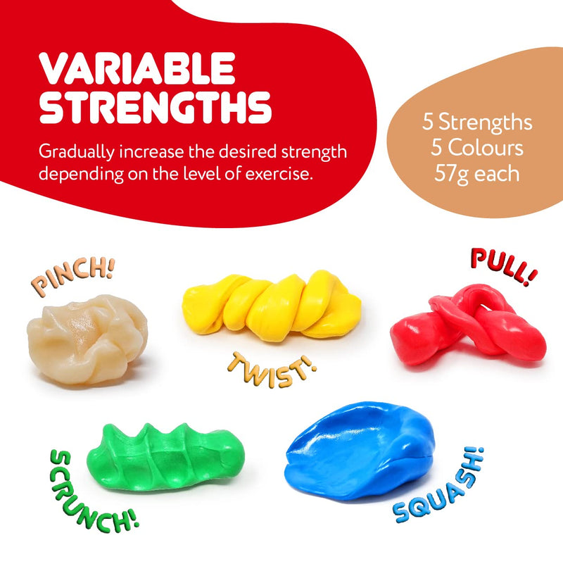 JFA Medical Therapy Exercise Putty 5 Strengths - Extra Soft, Soft, Medium, Firm, Extra Firm 57g Tubs - BeesActive Australia