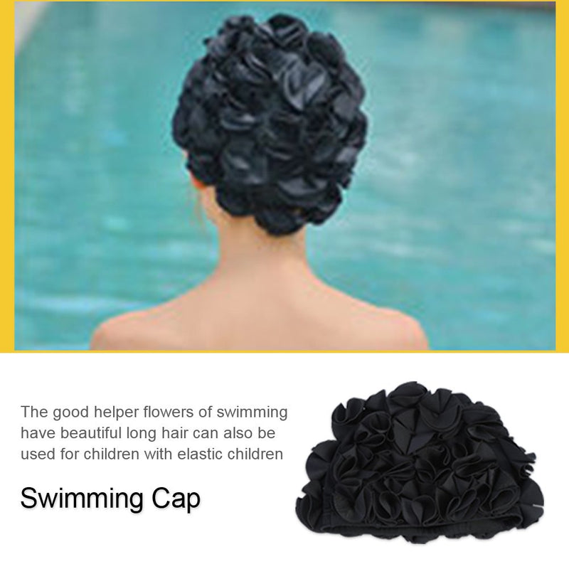 Keenso Flower Swim Hat，Bathing Women Children Retro Floral Flower Fashion Elastic Swiming Hat Long Hair Swim Bathing black - BeesActive Australia