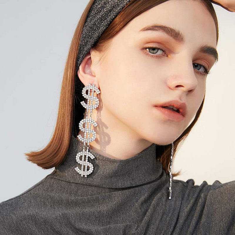 Xerling Bling Dollar Money Sign Dangle Earrings for Women Long Drop Hoop Iced Out Earrings Full Rhinestones Jewelry Statement Stud Earrings - BeesActive Australia