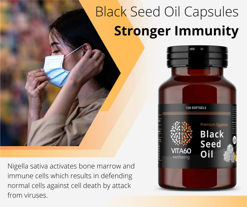 VITA60 Black Seed Oil Capsule - 120 High Strength 500mg Softgel Capsules | Cold Pressed | Nigella Sativa - BeesActive Australia