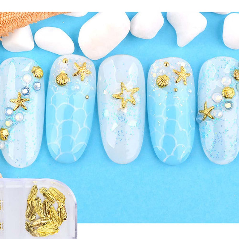 Lookathot 12 Styles 3D Mixed Design Nail Art Stickers Decals Metallic Ring Chain Moon Stars Studs Rhinestones Accessories Manicure DIY Decoration Tools (#3 Moon Star Cross Shell Leaves（Gold）) #3 Moon Star Cross Shell Leaves（gold） - BeesActive Australia