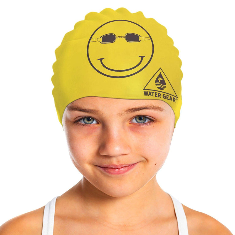 Water Gear Latex Swim Cap - Swimming Caps for Girls Long Hair - Waterproof Swimming Cap - Happy Face Black/Yellow - BeesActive Australia