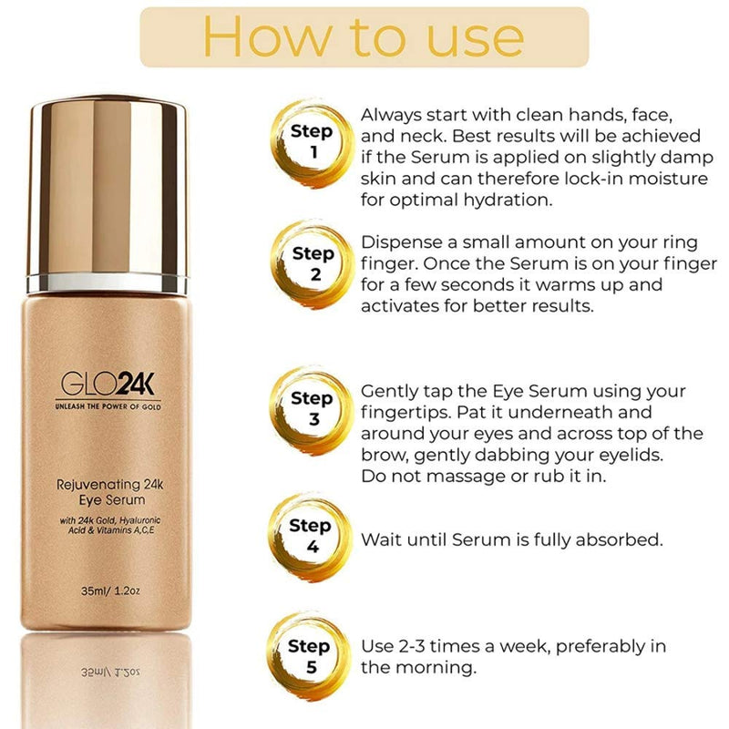 GLO24K Eye Serum with 24k Gold, Hyaluronic Acid, and Vitamins A,C,E. Potent Formula for the delicate skin around the eyes. - BeesActive Australia