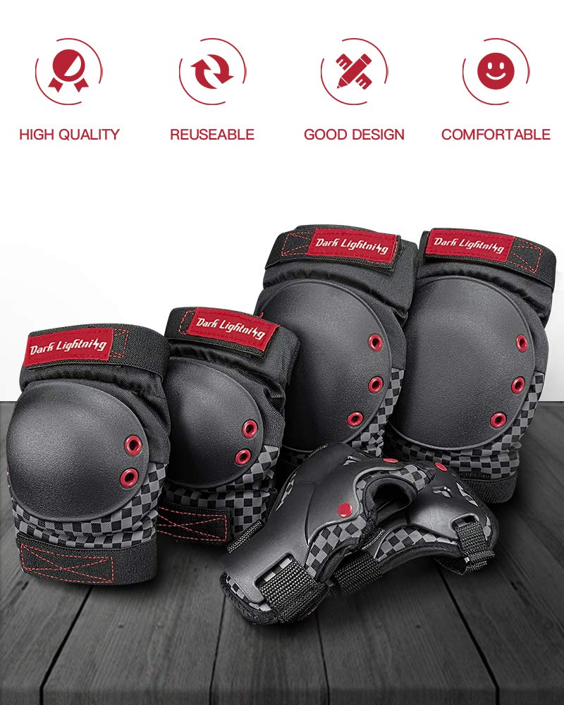 Dark Lightning Adult/Youth/Junior Knee Pads Elbow Pads Wrist Guards 3 in 1 Protective Gear, for Skateboard,Roller Skate,Inline,Cycling,MTB Bike,Scooter Black M Size for Junior/Teen - BeesActive Australia