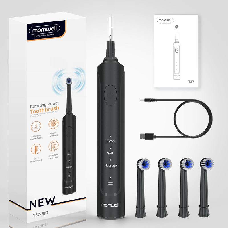 Mornwell Electric Toothbrush USB Fast Charging 3 Modes Rotary Toothbrushes Rechargeable Spin Toothbrushes with 4 Round Brush Heads for Adults & Kids Over 8 Years Old (T37 Model) Black - BeesActive Australia