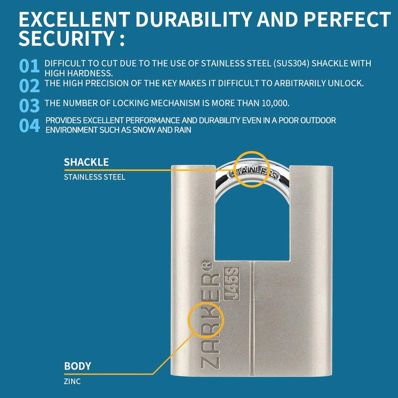 [ZARKER J45S] keyed Padlock - Stainless Steel Shackle Lock,Container storages, Warehouses, Vehicles Outside, or etc, Suitable for Places Have Bad Condition of Weather - 1 Pack - BeesActive Australia