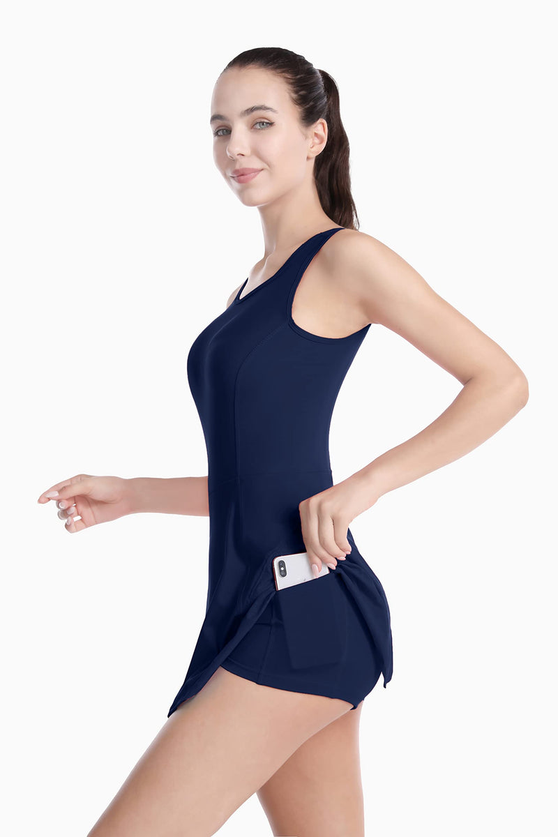 MCEDAR Athletic Tennis Dress for Women Exercise Workout Dress Running Golf Built in Shorts with Pockets Navy Blue 6 - BeesActive Australia