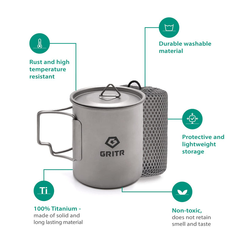 GRITR Titanium Cup 15.2 oz / 450ml Lightweight Titanium Multi-Purpose Camping Mug with Lid and Folding Handles - BeesActive Australia