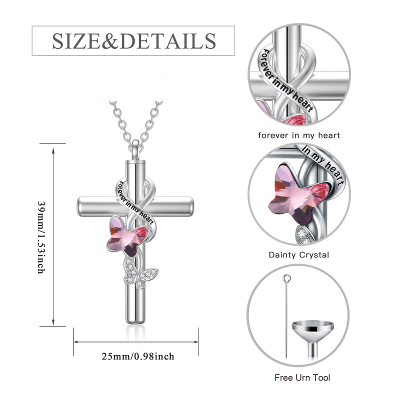 Flpruy 925 Sterling Silver Cross Urn Necklace for Ashes [Butterfly,Dragonfly,Bee,Hummingbird,Ladybug,Sunflower,Paw,Life of Tree] Cremation Necklace for Women Pets A_Pink Butterfly Urn Necklace - BeesActive Australia
