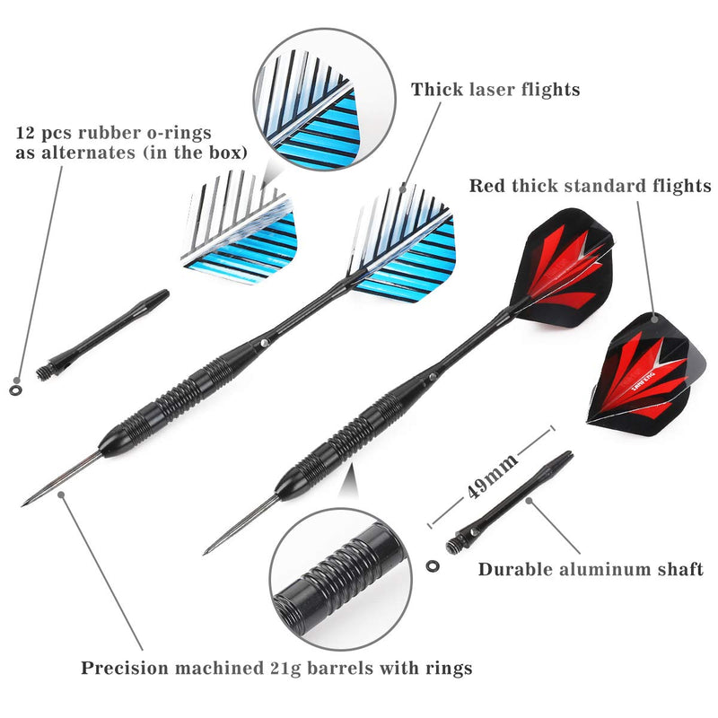 [AUSTRALIA] - LARRITS Professional 6 Pack 23 Grams Steel Tip Darts Set with Black Aluminum Shafts 9pc Standard Flights 9pc Laser Flights 12pc Rubber O-Rings Dart Sharpener and Storage Case 