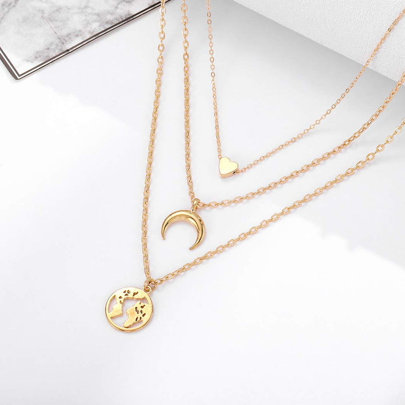 Jozape Layered Necklace Gold Heart Pendant Necklace Moon Necklace Earth Necklace Jewelry Chain for Women and Girls - BeesActive Australia