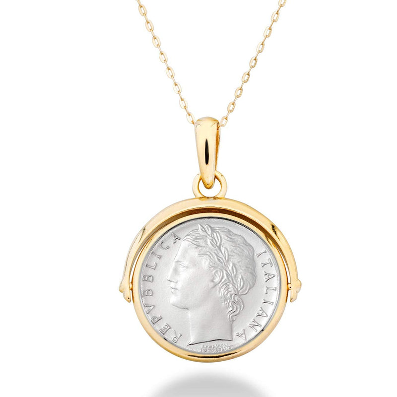 Miabella 18K Gold Over Sterling Silver Italian Genuine Reversible Flip 100 Lira Coin Pendant Necklace with 14-24 Inch Adjustable Chain, Gold Medallion Necklace Made in Italy - BeesActive Australia