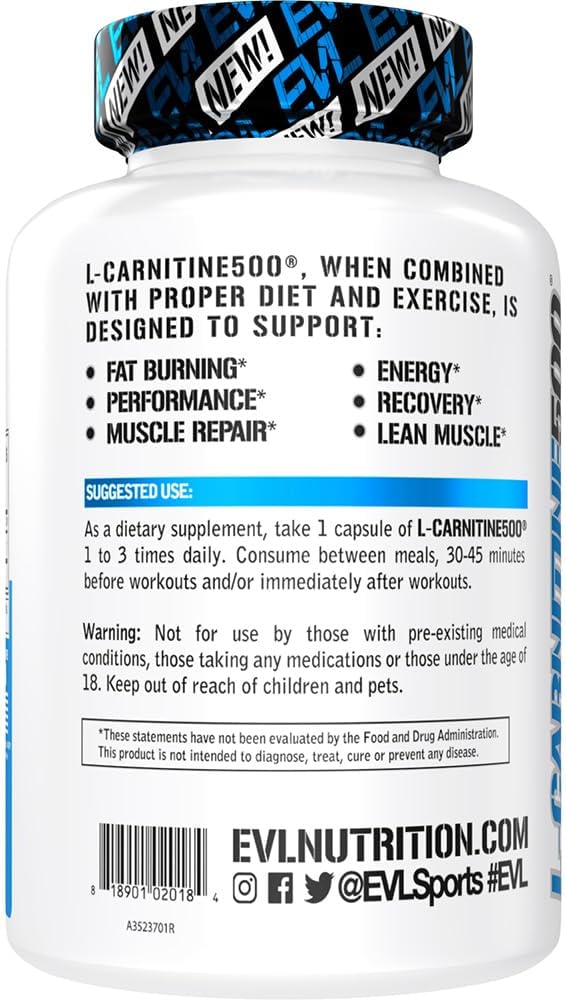 Evlution Each Serves 120 Serving Capsules of Pure L-Carnitine Nutrition Carnitine500 500mg - BeesActive Australia