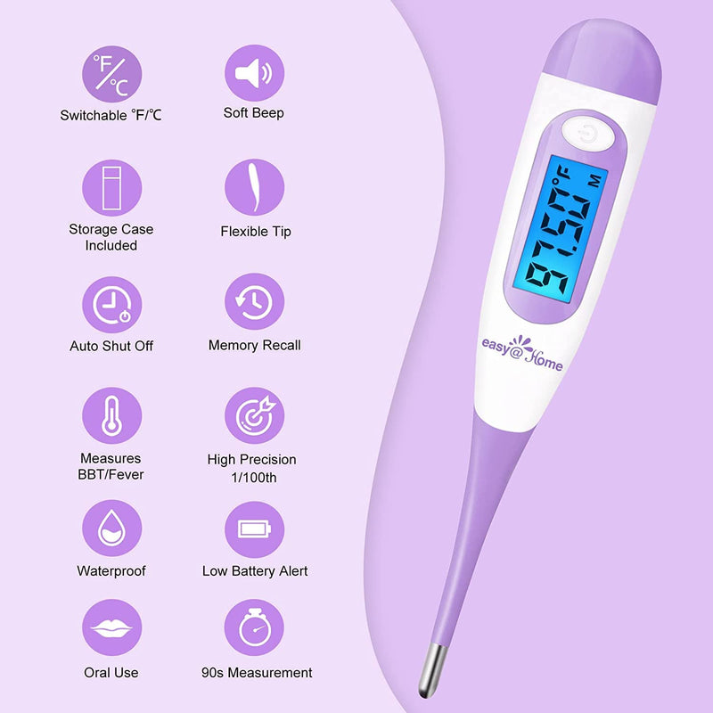 Digital Basal Thermometer for Ovulation with Backlight LCD Display, Premom APP, 1/100th Degree High Precision and Memory Recall, Ovulation Tracking, Charting &Natural Family Planning, Purple Digital Basal Thermometer-Purple - BeesActive Australia