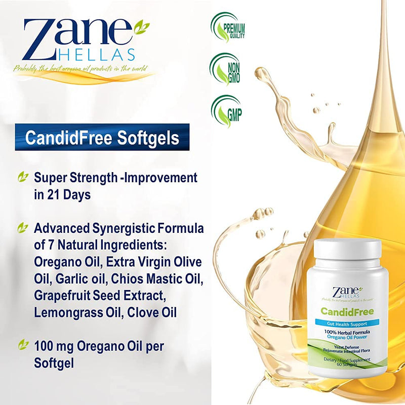 Zane Hellas Candidfree Softgels. Oregano Oil Power. Candida Support. Gut Health Support. Colon Health Support. Intestinal Flora Support. 100% Herbal Solution. 120 Softgels. Pack of 2. - BeesActive Australia