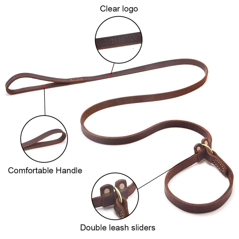 Wellbro Real Leather Slip Lead Dog Leash, Adjustable Stitched Pet Slip Leads with Slider, Heavy Duty Flat Dog Training Leashes for Medium and Large Dogs,Brown 6 Feet - BeesActive Australia