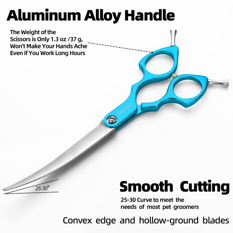 LYNHUAND 6.5" Curved Grooming Scissors for Dogs 440C Stainless Steel Professional Dog Grooming Scissors with Ultra-Light Aeronautical Aluminum Handle (Blue-Curved) Blue - BeesActive Australia
