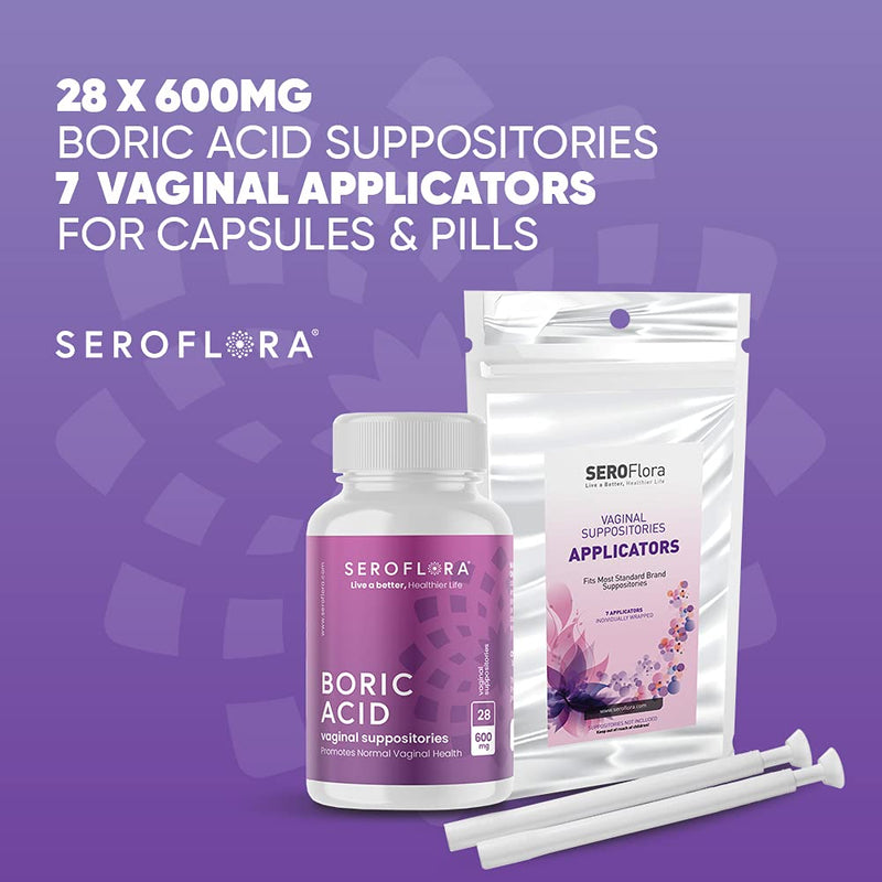 Seroflora Boric Acid Vaginal Suppositories 600 mg 28 ct. + Suppository Applicator 7 ct. Bundle -Supports Odor Control-Vaginal Health-pH Balance for Women - BeesActive Australia