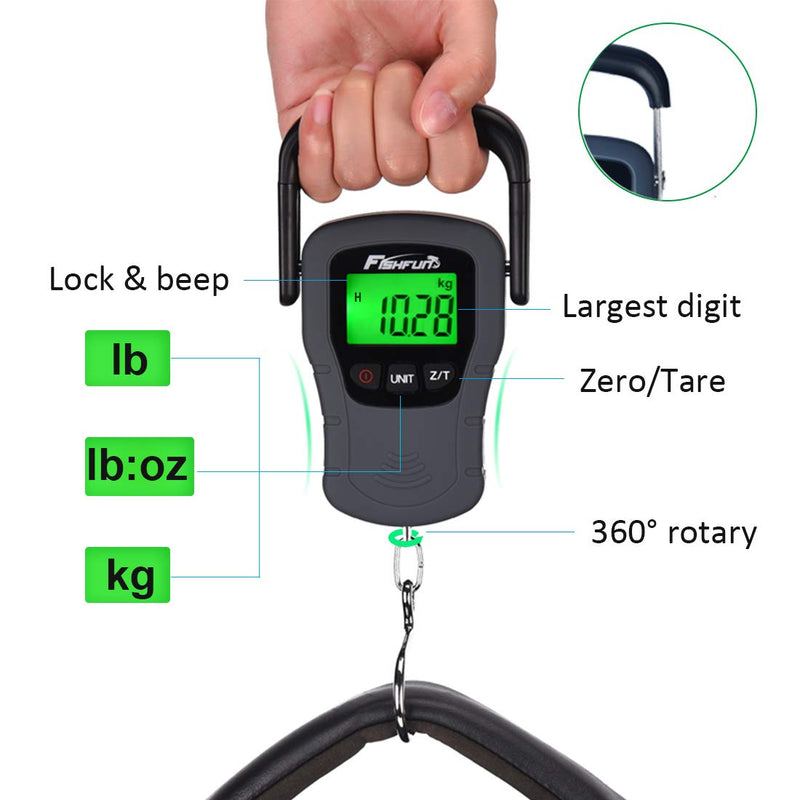 [AUSTRALIA] - Fishfun Fish Scale, 110lb/50kg Digital Hanging Hook Fishing Scale with Backlit and Tape Measure, Pounds & Ounces, Comfortable Handle and Large Hook, 3 AAA Batteries Included 