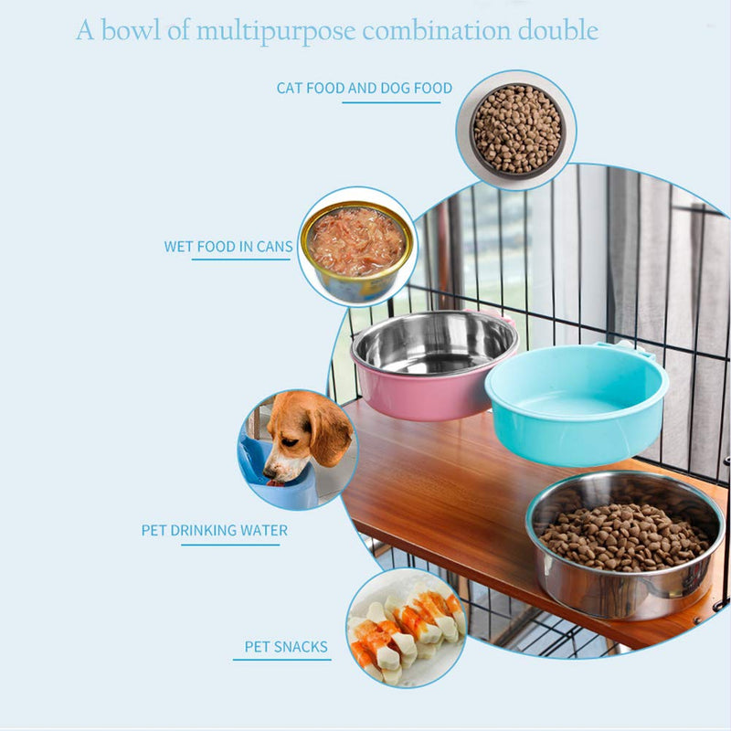 Crate Dog Bowl, Removable Stainless Steel Water Food Feeder Bowls Hanging Pet Cage Bowl Cage Coop Cup for Dogs Cats Puppy Rabbits Bird and Small Pets Samll (Pack of 2) Square (Blue+Pink) - BeesActive Australia