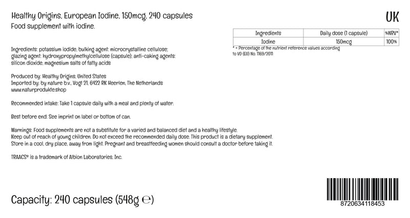 Healthy Origins, European Iodine (Potassium Iodide), 150mcg Iodine, 240 Vegan Capsules, Lab Tested, Vegetarian, Gluten-Free, Soy-Free, Non-GMO - BeesActive Australia