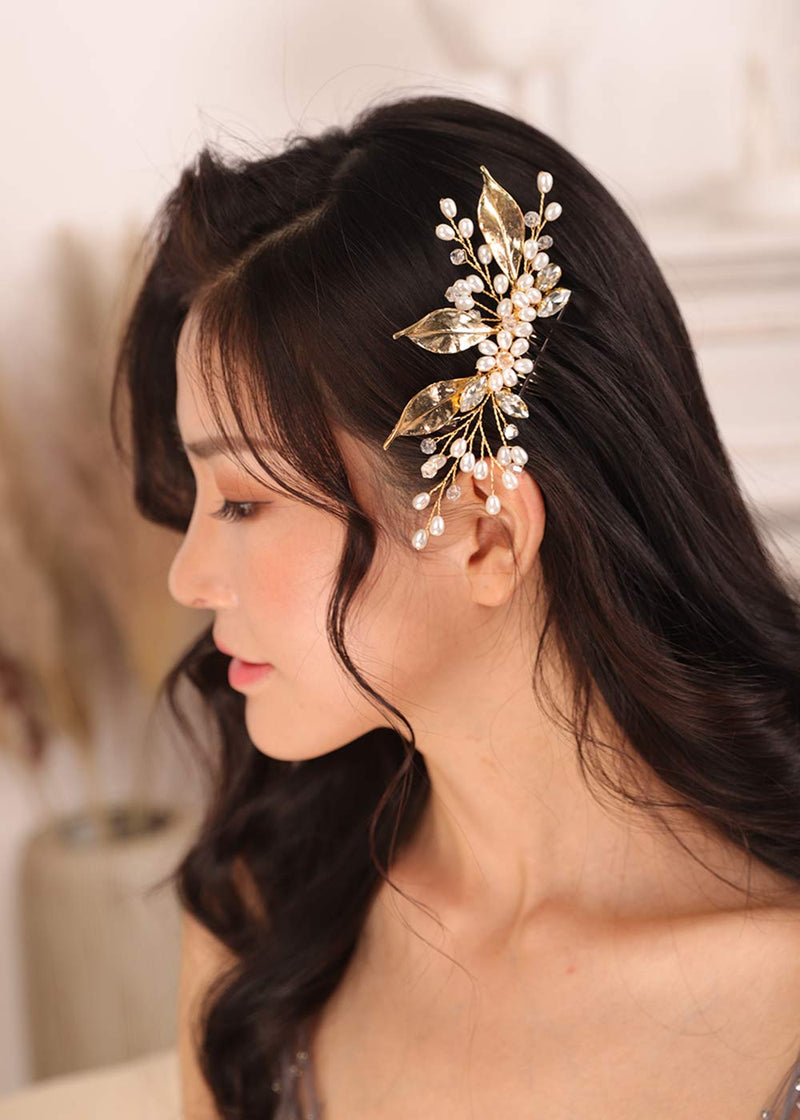 Kercisbeauty Gold Leaf Hair Comb for Brides Pearl Headpiece Vintage Boho Handmade Jewelry Wedding Bridal Side Piece - BeesActive Australia