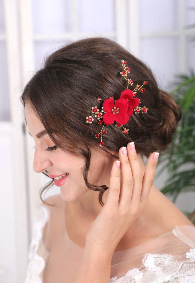 Sither Red Hair Clip for Bridal Floral Hair Comb for Women Wedding Hair Accessories for Bride Hair Clip Headpiece for Wedding Party Prom Gift - BeesActive Australia