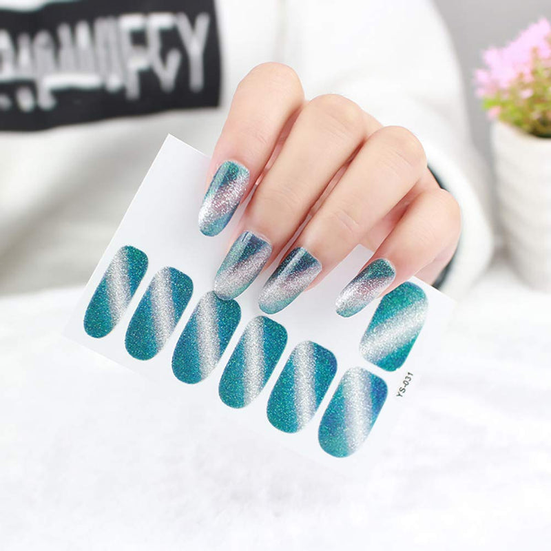 WOKOTO 6 Sheets Adhesive Nail Art Polish Stickers With 1Pcs Nail File Cat Eye Gradient shine Full Wraps Nail Decals Strips Manicure Kits For Women - BeesActive Australia