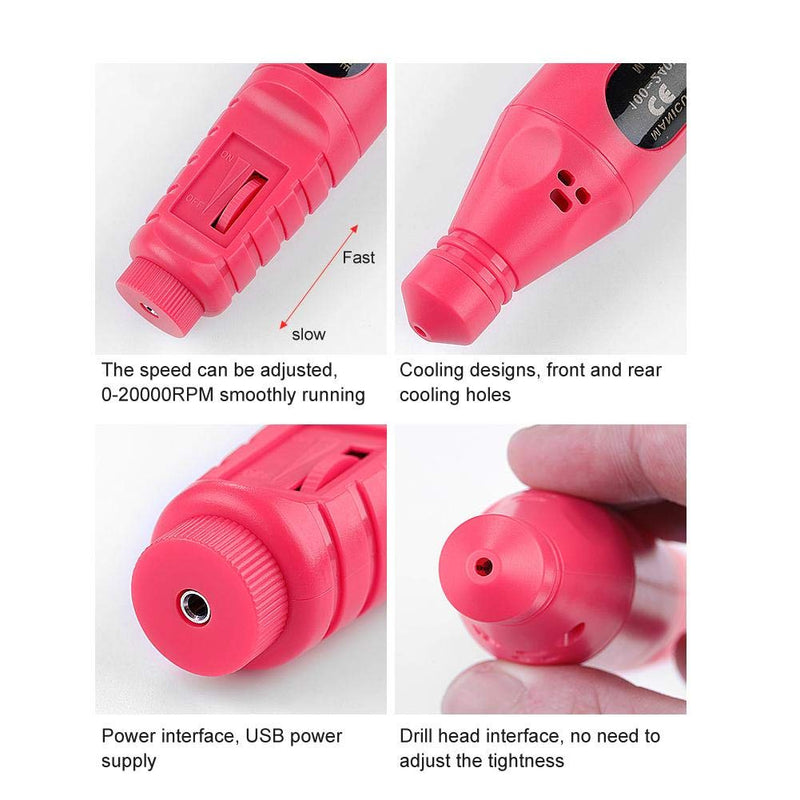 Electric Nail Drill Kit, USB Portable Electric Nail Drill Machine Manicure Manicure Pedicure Polishing Shape for Exfoliating, Grinding, Polishing, Nail Removing, Acrylic Nail Tools(Rose Red) - BeesActive Australia