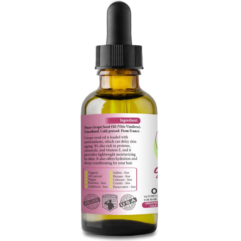NEW Grape Seed Oil. 2oz. Cold-pressed. Unrefined. Organic. 100% Pure. Rich in vitamins. Hexane-free. Rejuvenates Skin. Softens Hair. Natural Moisturizer. For Hair, Skin, Nails, Beard, Stretch Marks. - BeesActive Australia